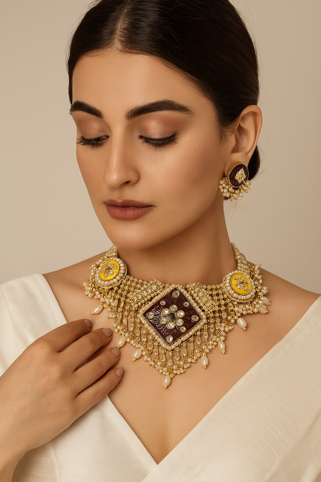 Royal Red & Yellow Kundan Pearl Choker Necklace Set